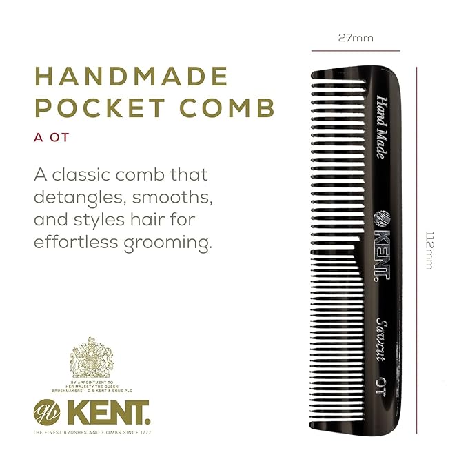 Kent OT Black Graphite Pocket Comb - Handmade Fine and Wide Tooth Hair Comb for Men, Women, and Kids - Travel, Beard, and Mustache Comb - Saw Cut and Hand Polished Made in England