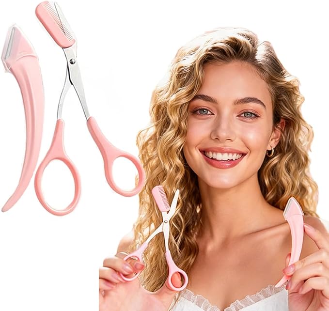 2-Pack Eyebrow Razor Set with Scissors and Comb, Pink, Stainless Steel for Women and Men Professional Eyebrow Scissors with Comb
