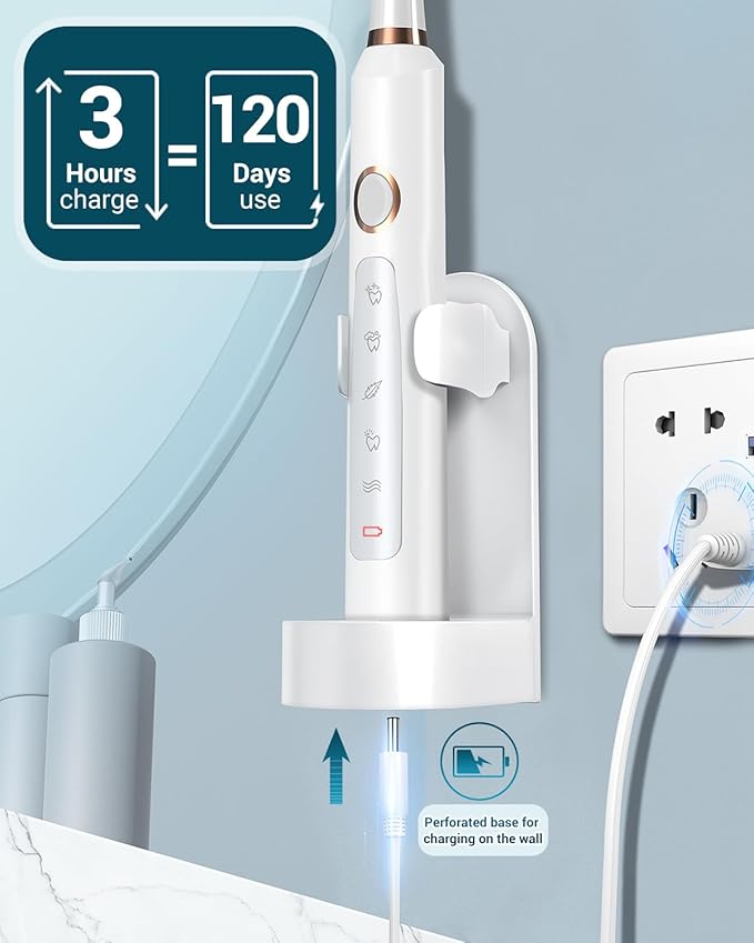 Rtauys M5 Sonic Electric Toothbrush for Adults and Kids - Rechargeable Electric Toothbrush Kids Ages 12+ and Adults with 8 Brush Heads & Travel Case, 120 Days Battery Life - White