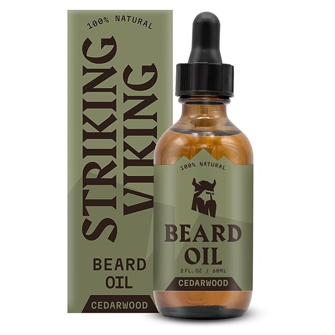 Striking Viking Beard Oil for Men - 2 Fl Oz, Pack of 1, Cedarwood Scent - Softening Beard Growth Oil - Itch-Free Facial Hair Taming Serum with Tea Tree - Deep Hydration with Argan & Jojoba