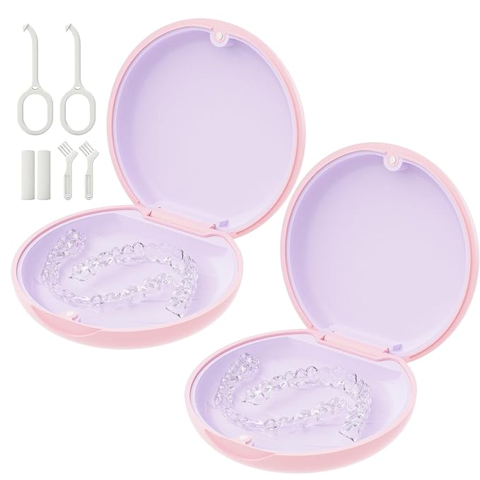 2 Pack Retainer Case, Compatible with Invisalign, Slim Aligner Case with Removal Tool, Aligner Seaters & Brush, Pocket Size Secure Magnetic Closure for Travel - Pink & Lavender