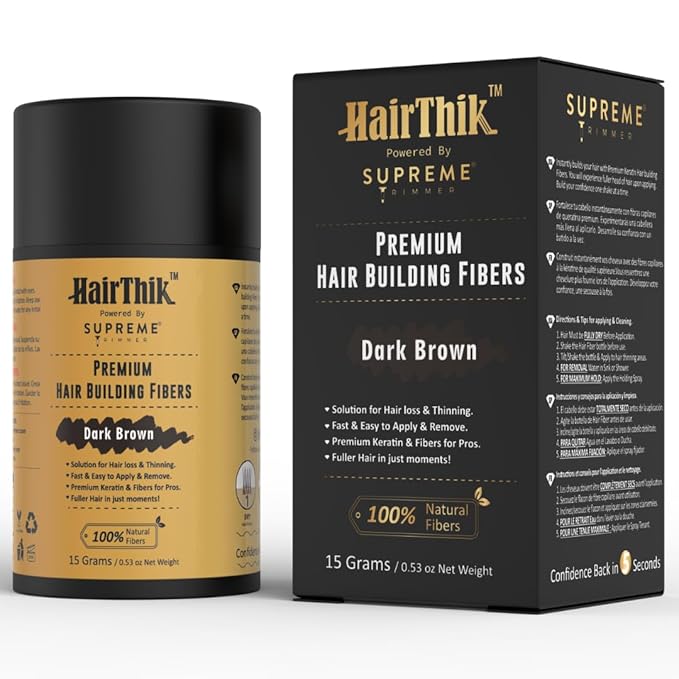 Supreme Trimmer Hair Building Fibers - Instantly Fill in Fine or Thinning Hair for Thicker, Natural, Fuller-Looking Hair for Men & Women – Hair Thinning & Balding Solution | Dark Brown, 15 Grams