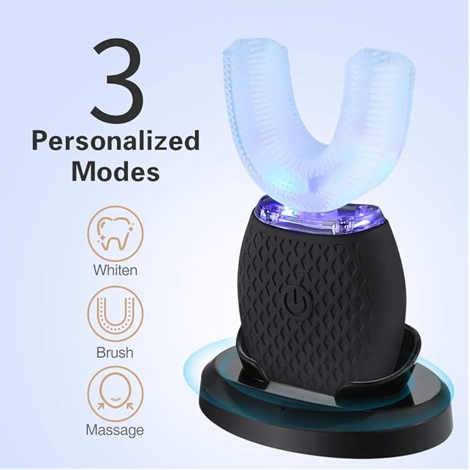 Ultrasonic Automatic Toothbrush, Ultrasonic U-Shaped Toothbrushes for Adult, 360° Mouth Cleaning, Electric ToothBrush with Automatic Timer, Wireless Charging Teethbrush Kit for Travel Or Home (Black)