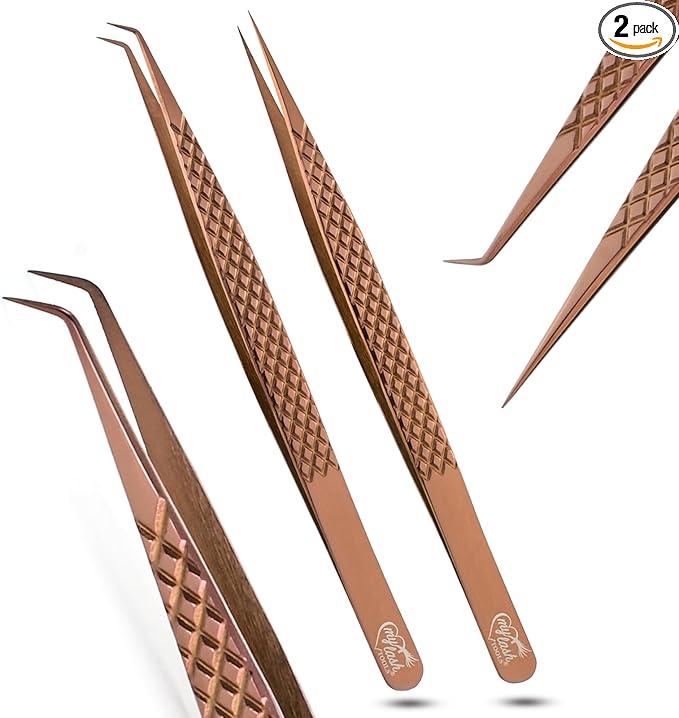 2pcs Curved & Straight Isolation Tweezers for Eyelash Extensions – 14cm Stainless Steel, Copper color Tweezer Set, Best for Classic & Individual Lashes, Professional Pinzas para Pestaña