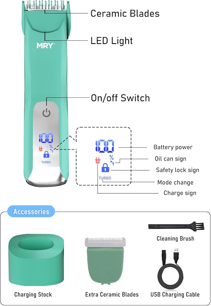 MRY Groin Trimmer for Men & Women - Ipx6 Waterproof USB Charging Trimmer with Light & Ceramic Blade for Pubic/Body/Groin Grooming/Face/Legs/Facial (Green Color)