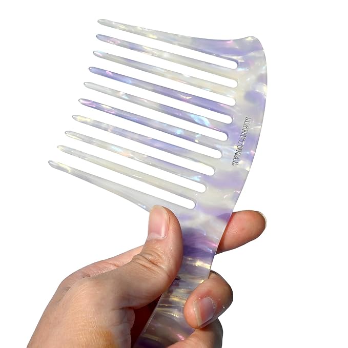 D1 | wide tooth comb 7.4"for easy portability. Suitable for Women's/girl curly, curly and tight hair, the short handle design is easy to carry. Acetate comb (White Purple C)