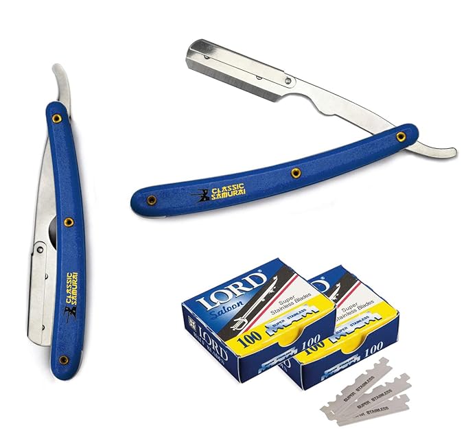 Stainless Steel Professional Barber Folding Straight Edge Razor Shavette Men's Shaving Kit with 200 Count Lord Single Edge Razor Blades (Blue)