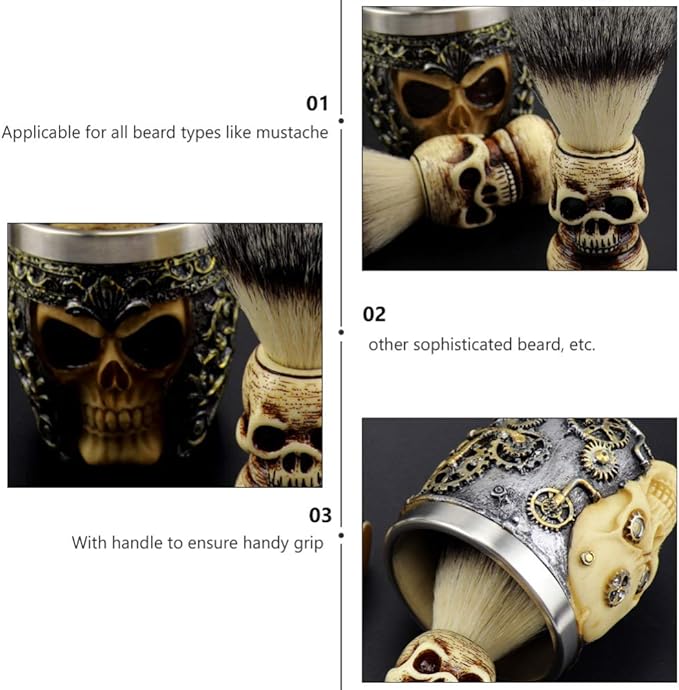 SaditY 1 Set of Male Beard Brush Bowls Set Skull Head Shaped Handle Beard Shaving Brush Shaving Bowl Tools (Style A)
