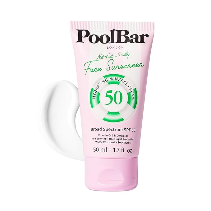 PoolBar Mineral Face Sunscreen Cream for Women and Men Sun Care, SPF 50, Hydrating Mineral, Vitamin C, E, and Ceramide, Non Scented Water Resistant Sunscreen, Blue Light Protection - 50ml