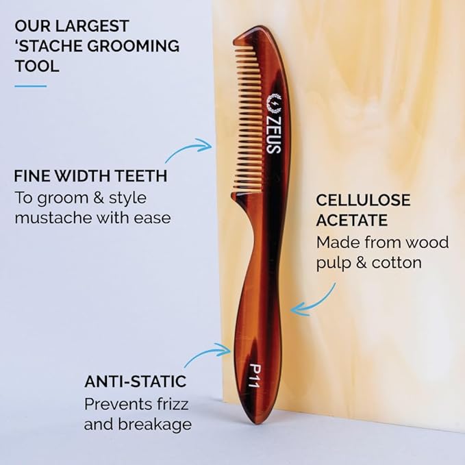 ZEUS Large 5” Mustache Comb for Men, Handmade Saw Cut, Long Handle Beard & Mustache Grooming Tool for Precise Styling (Tortoiseshell) P12
