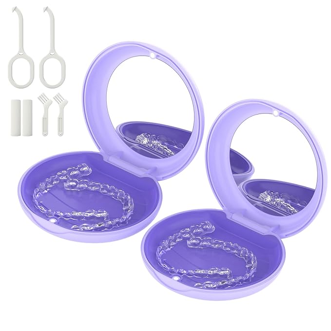 2 Pack Retainer Case with Mirror, Compatible with Invisalign, Orthodontic Aligner Case with Removal Tool and Brush, Purple