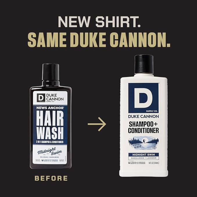Duke Cannon Supply Co. 2-in-1 Hair Wash - Masculine Scent - Gentle Cleansing Hair Wash For Men - Stimulating Hair Shampoo & Conditioner - Tea Tree & Midnight Swim & Sawtooth- 3 Pack (14 oz)