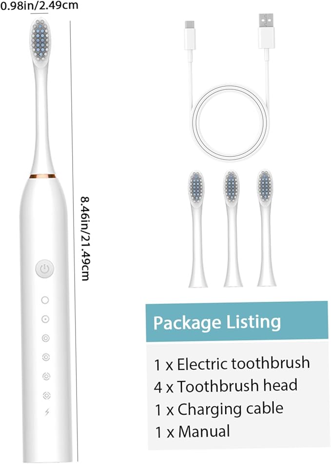 Electric Toothbrushes Adults Rechargeable Toothbrush with 4 Brush Heads and 6 Cleaning Modes Low Noise Waterproof Toothbrush Smart Timer Longer Life for Women Men Gift White