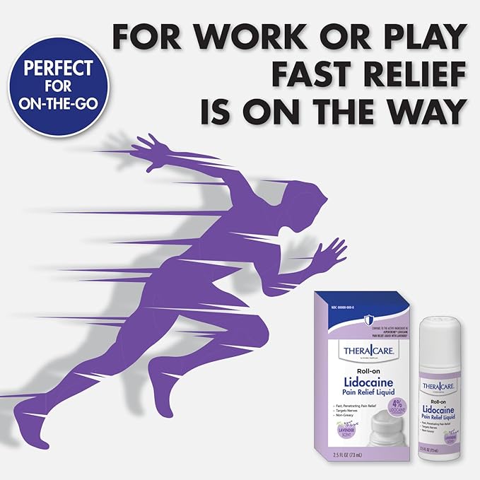 TheraCare 4% Lidocaine Roll-On | Soothing Lavender Scent | OTC Strength | Pain Relief Liquid | 2.5 oz. 73 mL | Topical Anesthetic