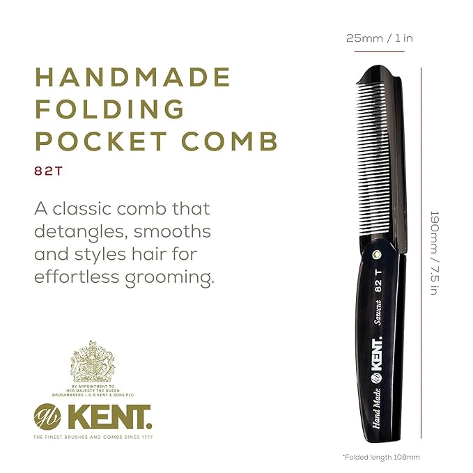 Kent 82T Handmade Folding Pocket Comb for Men, Fine Tooth Hair Comb Straightener for Everyday Grooming Styling Hair, Beard or Mustache, Use Dry or with Balms, Saw Cut Hand Polished, Made in England