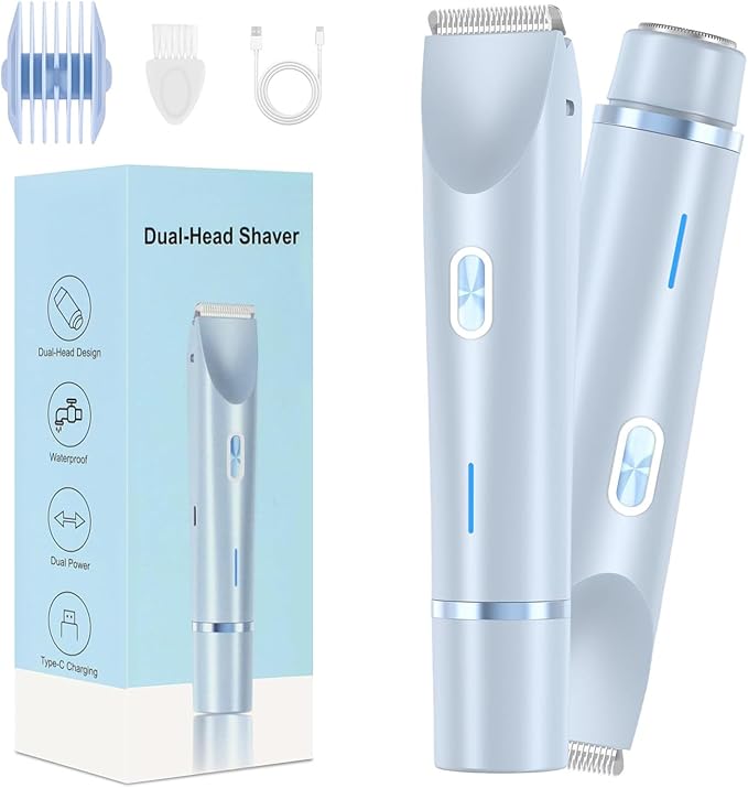 Bikini Shaver,2 in 1 Dual Head Bikini Trimmer & Body Shaver, Painless Hair Removal with Silky Glow Finish, Cordless & Waterproof Electric Trimmer for Women,Blue