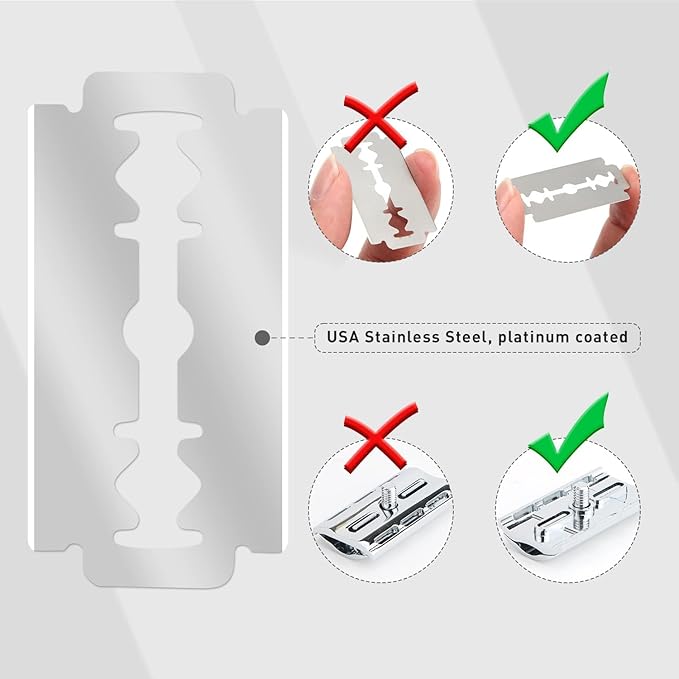 Double Edge Safety Razor with Stand, Single Blade Razors for Men and Women, Reusable Metal Razor, with 10 Double Edge Blades, Smooth and Close Shave, Shiny Silver