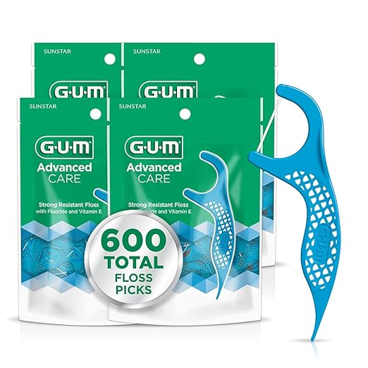 GUM Advanced Care Floss Picks - Dental Flossers for Adults with Vitamin E and Fluoride - Extra Strong Shred-Resistant Dental Floss, Easy Grip Handle, Fresh Mint Flavor, 150 Count (Pack of 4) 600 Total