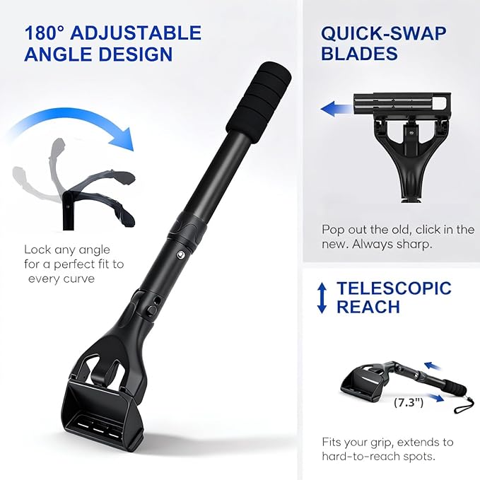 Retractable Back Shaver for Men: 180° Foldable Head Hair Shaver,Double Sharp Blades & Ergonomic Handle, Wet or Dry Back & Body Hair Removal,Black(3PCS Blades Included)
