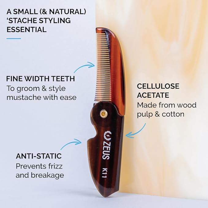 ZEUS Folding Mustache Comb for Men, Handmade Saw-Cut Pocket Comb for Men’s Beard & Moustache Grooming, Compact & Travel Friendly (Traditional) K11