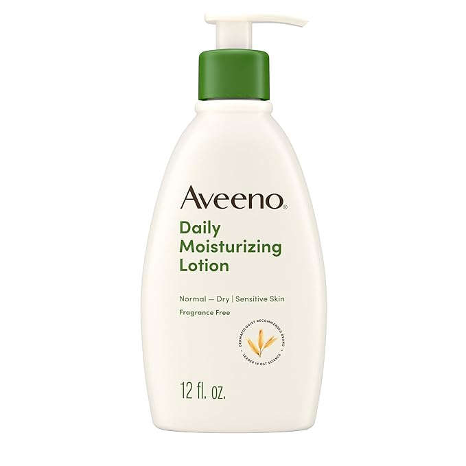 Aveeno Daily Moisturizing Body Lotion with Soothing Prebiotic Oat, Gentle Lotion Nourishes Dry Skin With Moisture, Paraben-, Dye- & Fragrance-Free, Non-Greasy & Non-Comedogenic, 12 fl. Oz