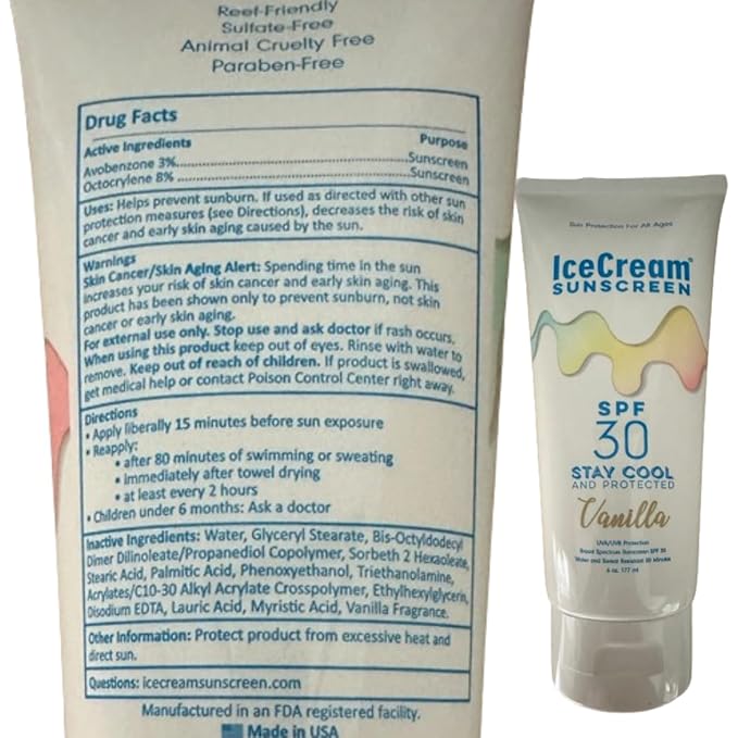 IceCream Broad Spectrum SPF 30 Sunscreen Lotion, Body & Face Lotion Sunblock Moisturizer with SPF, Water & Sweat-Resistant for 80 Minutes, Reef-Friendly & Cruelty-Free, 6oz (177ml) - Vanilla