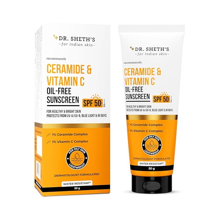 Dr. Sheth's Ceramide & Vitamin C Oil-Free Sunscreen SPF 50+ PA++++ | Non Greasy | For Oily Skin | For Men & Women | 50 g