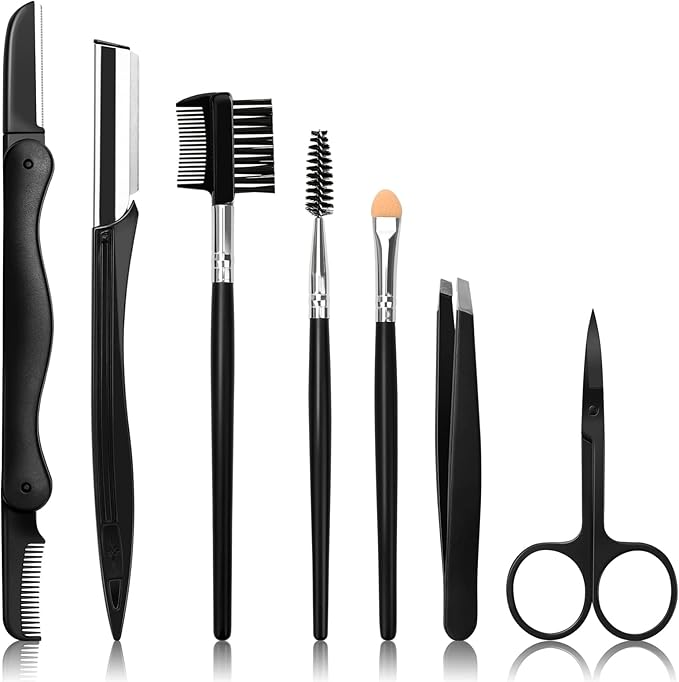 Eyebrow Razor, 7 in 1 Brow Kit, Eyebrow Trimmer Set Including Brow Razors, Brush, Scissors, Tweezers, with Plastic Box for Women Men Eyelash Facial Grooming