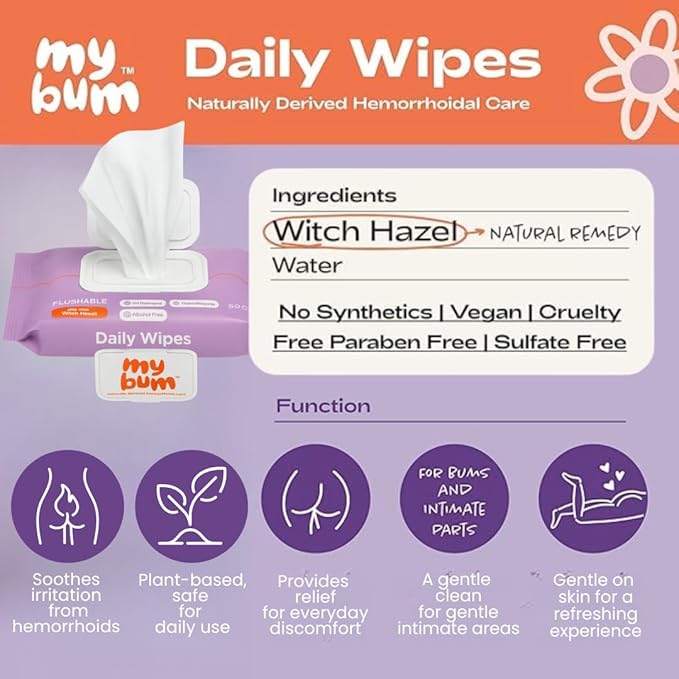 Hemorrhoid Wipes with Witch Hazel – Gentle & Soothing Cleansing Daily Wipes for Everyday, Cooling, Skin-Friendly - 50 Wipes