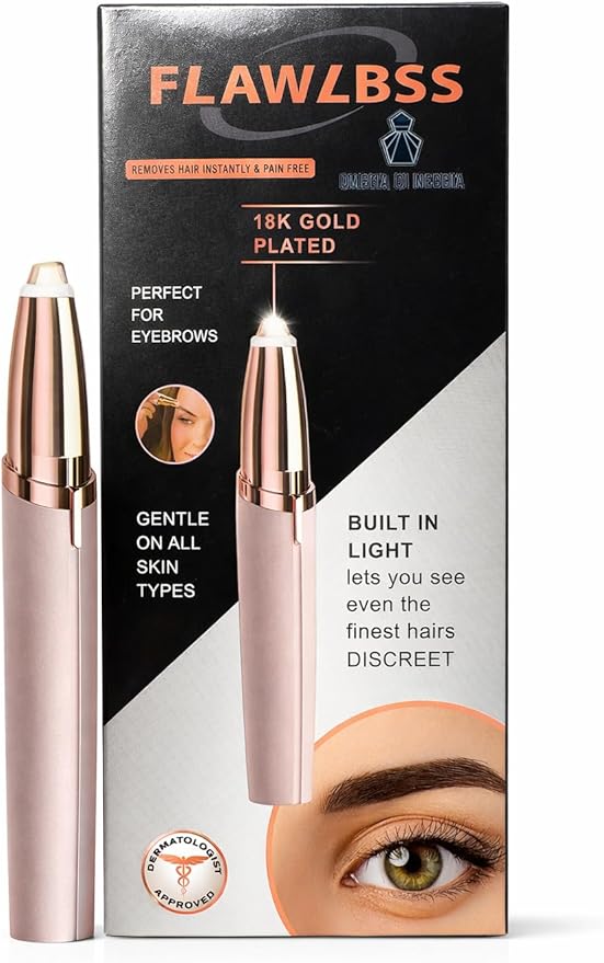 Eyebrow Trimmer & Facial Hair Remover for Women, 18K Gold Plated Precision Electric Face Razor with Built-in LED Light, Painless Hair Removal for Eyebrows, Upper Lip, Chin & Peach Fuzz