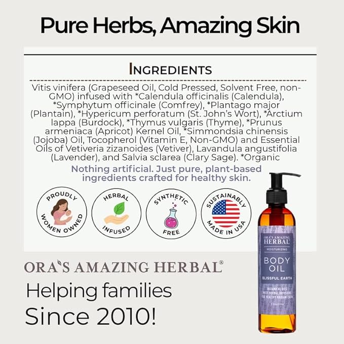 Ora's Amazing Herbal Lavender Bath Oil, Herbal Infused Moisturizing Shower and Body Oil for Women with Organic Jojoba Calendula Relaxation & Dry Skin, Blissful Earth Scent with Pump 7.5 oz
