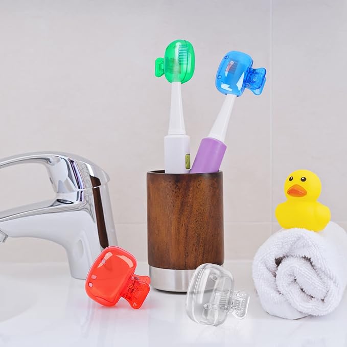 Hxezoc 4 Pack Travel Toothbrush Head Covers Cute Toothbrush Protector Cap Brush Pod Case Protective Portable Plastic Clip for Household Travel, Camping, Bathroom, School, Business