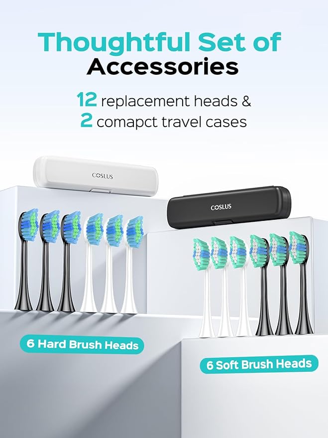 COSLUS C40 Sonic Electric Toothbrush for Adults: 47000 VPM for Deep Cleaning & Whitening with Travel Case - 5 Modes for Sensitive Teeth & Braces, Wireless Charging, 6 Brush Heads, Black & Green (2PCS)