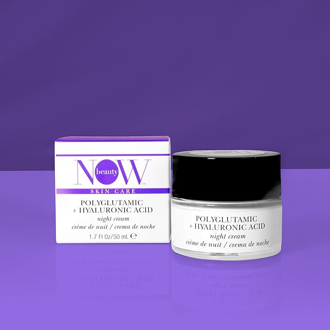 NOW Beauty Polyglutamic Plus Hyaluronic Acid Night Cream - Deeply Hydrating Moisturizer - Overnight Anti-Aging Cream for Face - Vegan – Sulfate & Paraben Free - For Men & Women - Travel Size - 1.7 oz