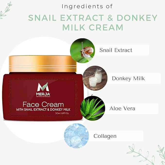 Merja Herbs Anti-aging Face Cream with Donkey Milk and Snail Extract, Aloe & Collagen - Day and Night - Tone refining cream - Enhances Skin Tone & Elasticity