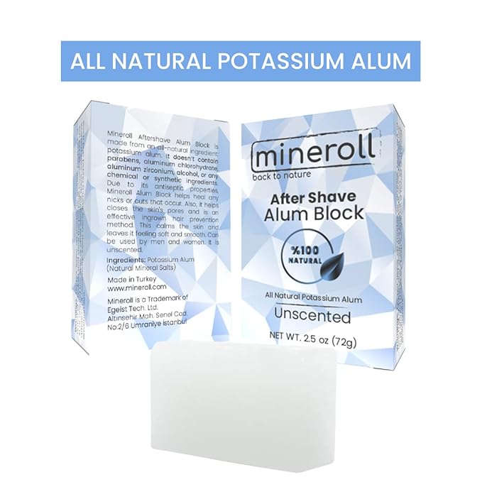 After Shave Alum Block, All Natural Potassium Alum, For Women and Men, Alum Stone, Styptic Skin Soothing, Anti-Ingrown Hair Alum Bar, Shaving Accessory, Unscented, 2,5 oz