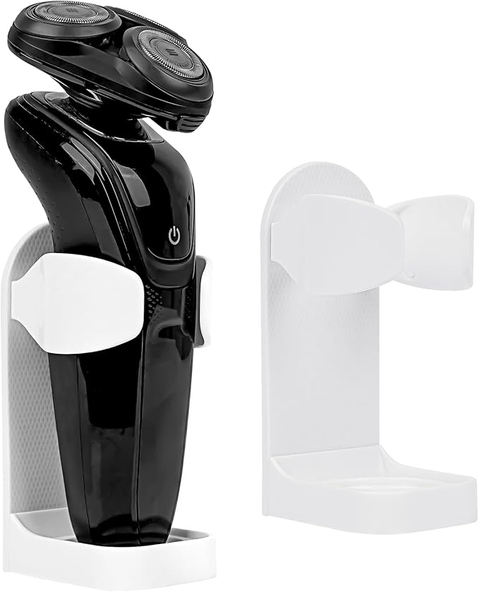 Linkidea 2 Pack Electric Shaver Wall Mount Holder, Self-Adhesive Adjustable Razor Organizer, Compatible with Braun Series 5/6 / 7/9, Bathroom Shower Storage (White)