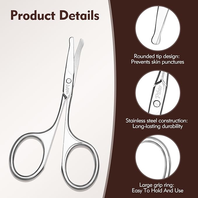 Eyebrow Scissors, 3.75” Round Tip for Safe Nose Hair, Mustache & Bikini Trimming, Premium Stainless Steel Small Scissors with Case