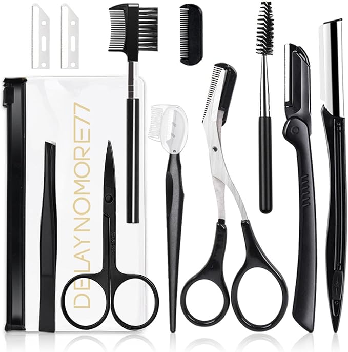 Eyebrow Razor Kit, 11 in 1 Professional Eyebrow Grooming Set, Including 3 Razors Trimmer,1 Tweezer,2 Scissors,2 Replacement Blades,1 Eyelashes Roller,1 Eyebrow Brush,1 Storage Bag