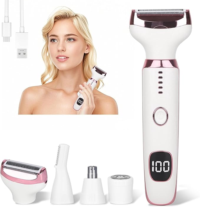 Wet & Dry Electric Razorfor Women Men,4 in 1 Rechargeable Led Display Electric Shaver and Facial Hair Remover,Painless Ladies Body Razors for Nose Face Body Leg Bikini Arm Hair