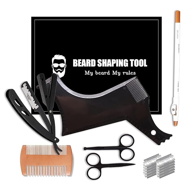 Beard Shaper, Beard Shaping Tools, Include Beard Template Guide, Professional Straight Edge Razor, 10 Count of Double Edge Blade, Barber Pencil, Beard Comb, 2 Stainless Steel Scissors