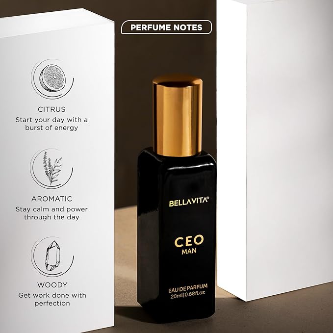 BellaVita Luxury CEO Man Eau de Parfum Travel Size Edition 20 ml | Mens Travel Fragrance | Long-Lasting Mini Perfume with Lemon, Lavender, Agarwood| Compact Perfume for Men | Pocket Size