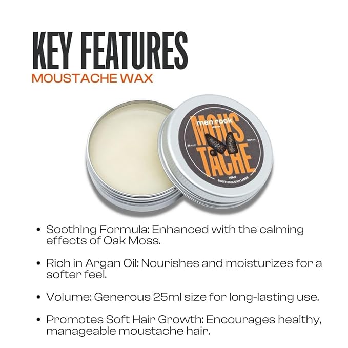 Men Rock Soothing Moustache Wax, Perfect to Shape, Style and Tame Unruly Hairs, Enriched with Argan Oil to Moisturise Hairs, Earthy Oak Moss Fragrance 25ml