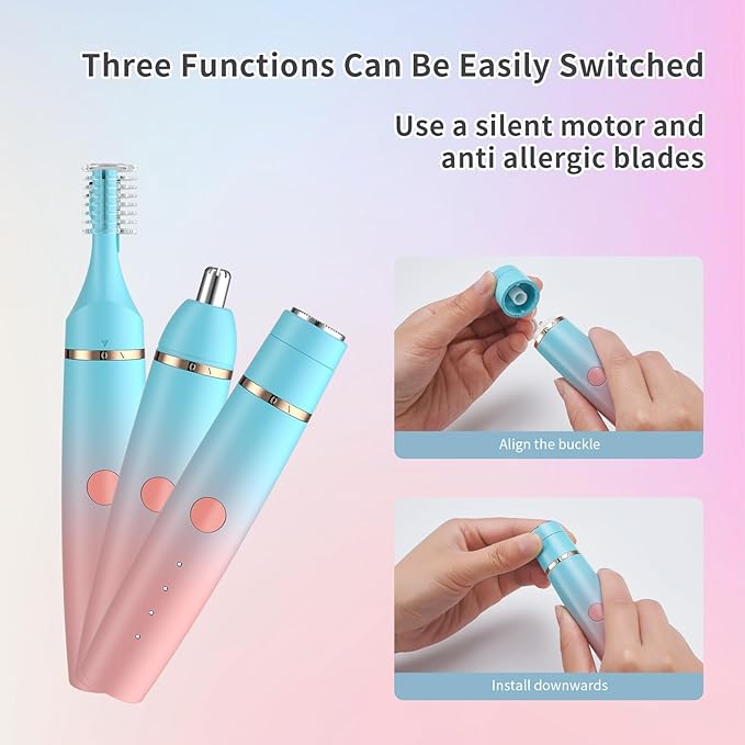 Nose Hair Trimmer for Men and Women, Eyebrow Trimmer, Electric Shaver Razor 3 in 1, Portable, Waterproof and Rechargeable for Ears, Face, Legs (Blue Pink)
