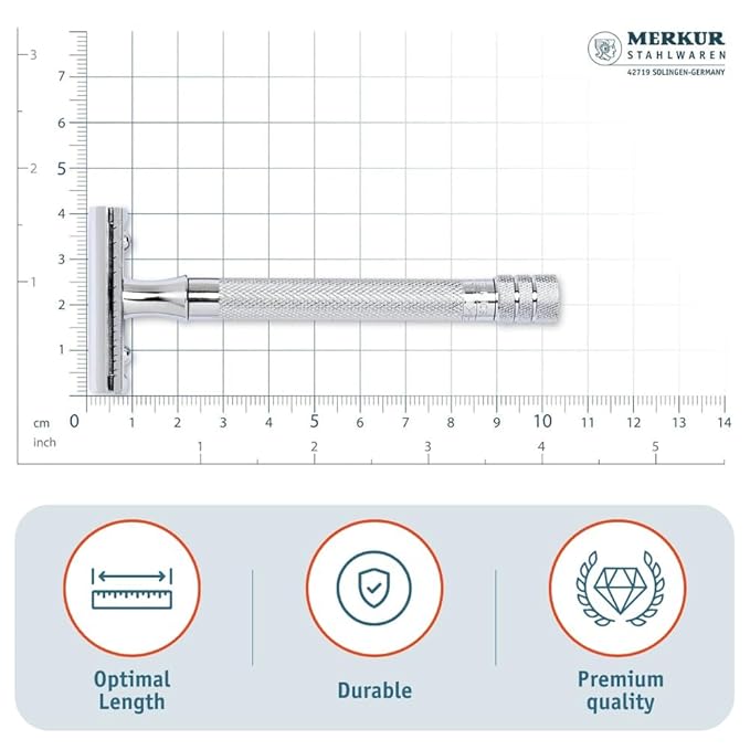 MERKUR 23C Double Edge Safety Razor - Polished Chrome, Long Knurled Brass Handle, Made in Germany, Plastic-Free, Three Piece Design, Closed Comb, Straight Bar