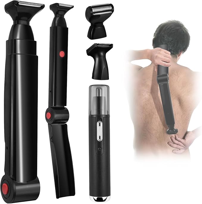 Back Shavers for Men Long Handle,Multifunctional Self-Service Electric Back Hair Razor with Adjustable Handle,Men's Back Shaver wiht Nose Hair Trimmer Set and 2 Shock Absorber Flex Heads,Black