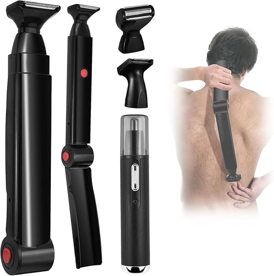 Back Shavers for Men Long Handle,Multifunctional Self-Service Electric Back Hair Razor with Adjustable Handle,Men's Back Shaver wiht Nose Hair Trimmer Set and 2 Shock Absorber Flex Heads,Black