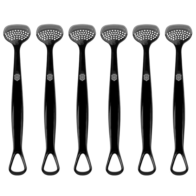 6-Pack Tongue Brush and Scraper for Adults - 3-in-1 Cleaner for Oral Hygiene and Fresh Breath, Black