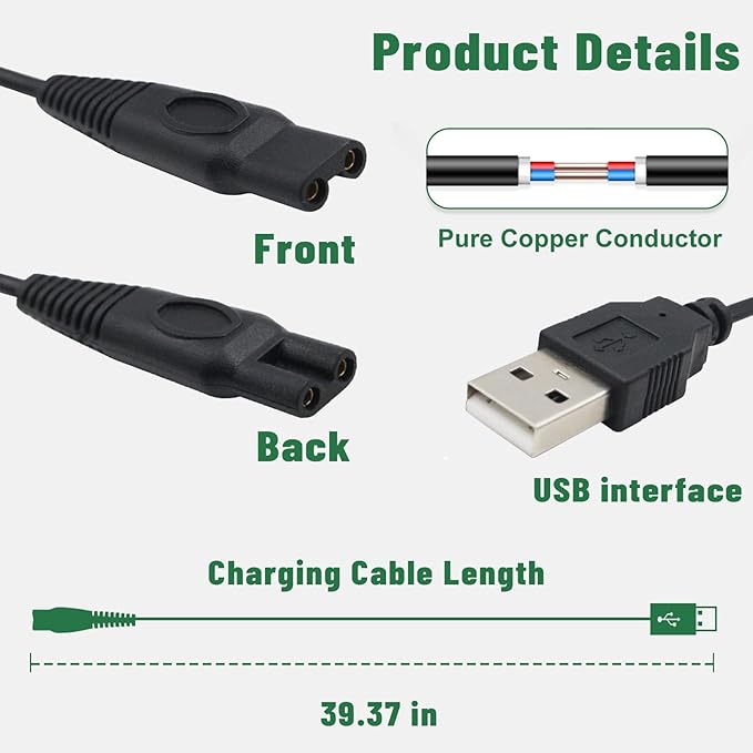 Shaver Charger Cord for KEMEI KM-1910 Electric Shaver Replacement Power Cord Beard Trimmer Electric Razor 5V USB Cable With Cleaning Brush