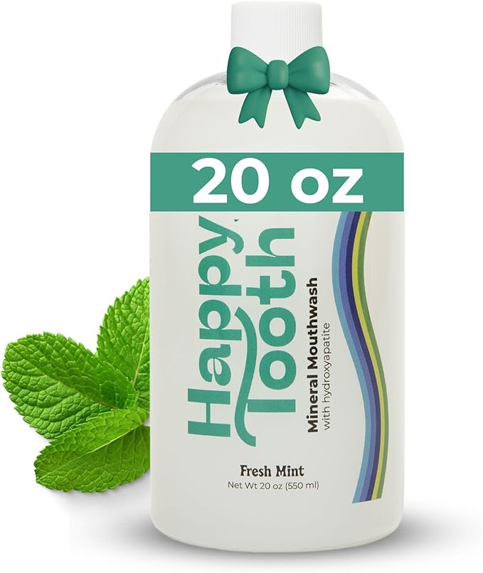 Happy Tooth Hydroxyapatite Mouthwash, Fluoride Free, Teeth Whitening, Remineralizing for Enamel Strength, Fresh Breath, Oral Microbiome Support, Dentist Formulated, Gentle Care, Fresh Mint, 20 Fl Oz